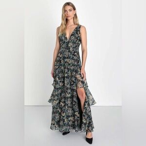 Lulus Sweeping Sensation Black Floral Print Organza Pleated Maxi Dress Sz S nwt